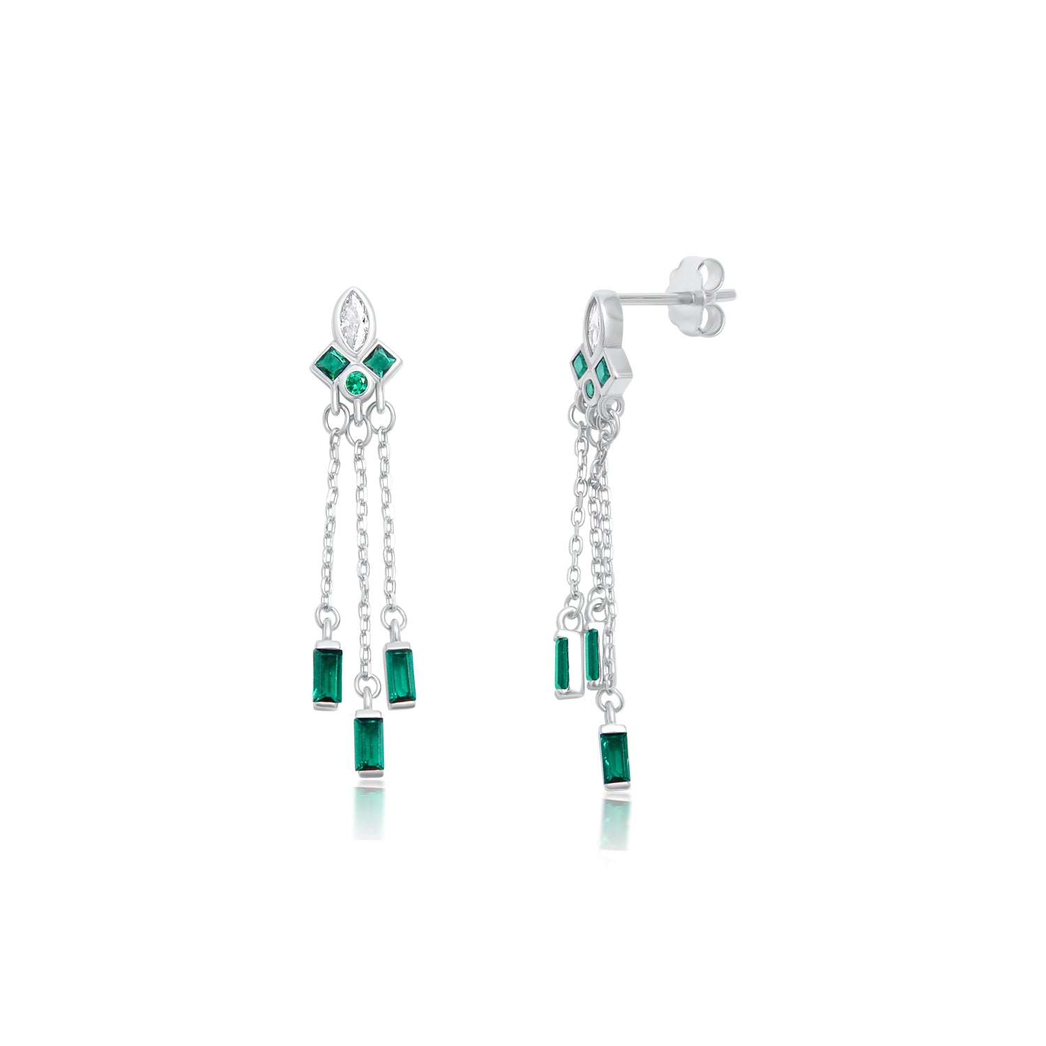 עגילים מכסף עם שלושה תיליוני שמשובצים באבני זירקון צבעוניות