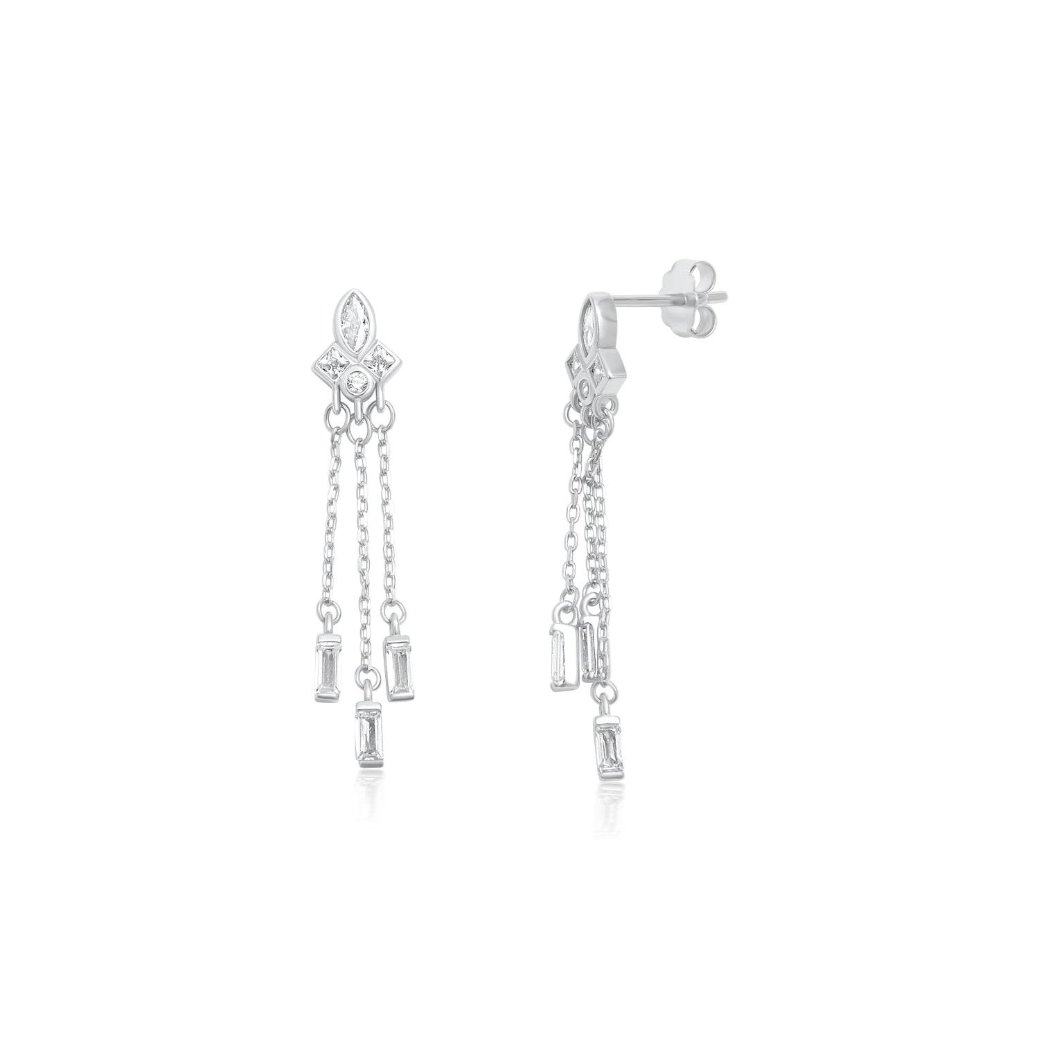 עגילים מכסף עם שלושה תיליוני שמשובצים באבני זירקון צבעוניות