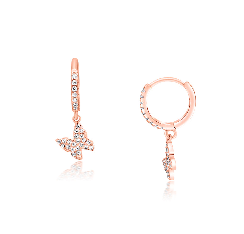 עגילי חישוק פרפר רוז גולד משובצים אבני זרקון