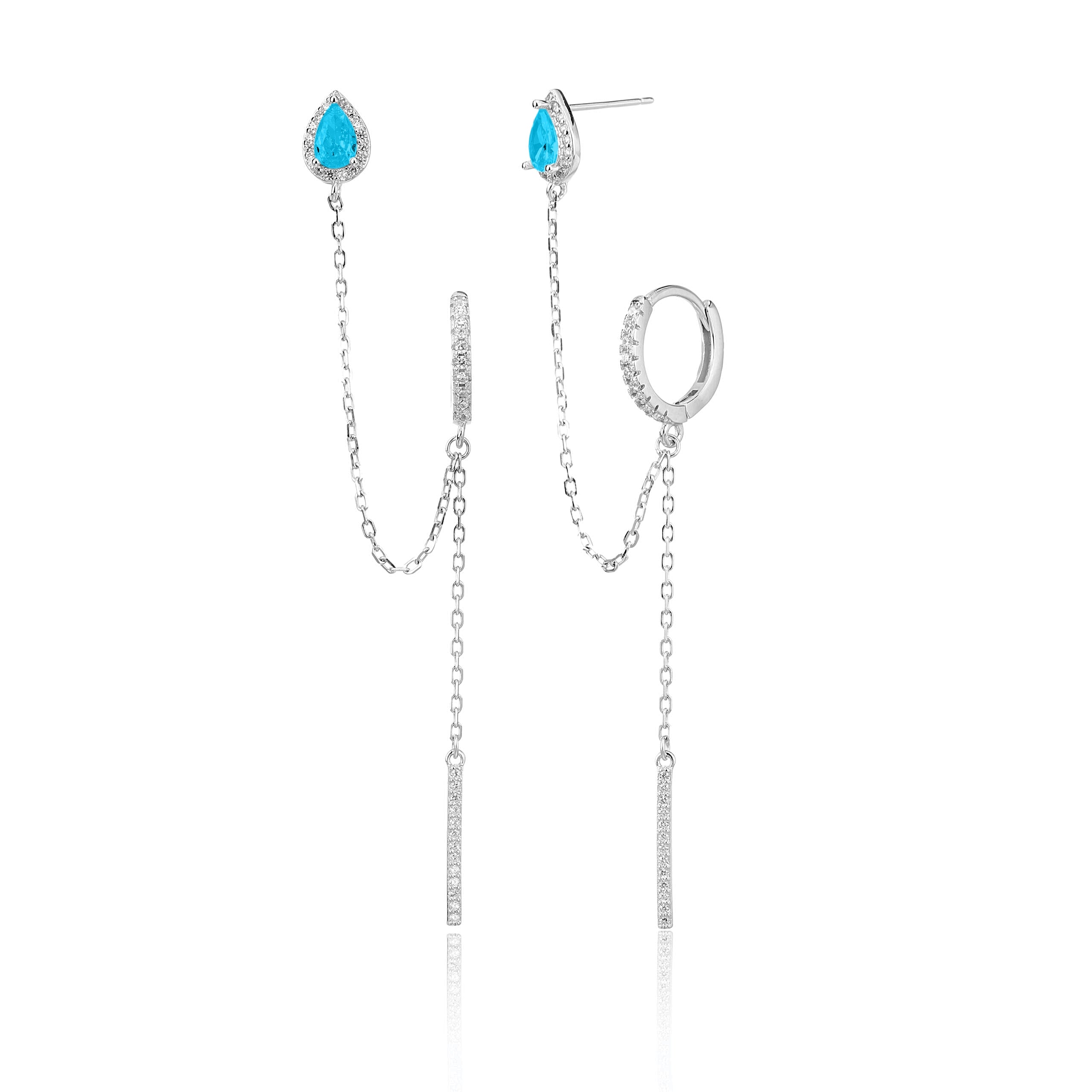 עגילי שני חורים מכסף טהור עם אבן זירקון צבעונית בחיתוך טיפה