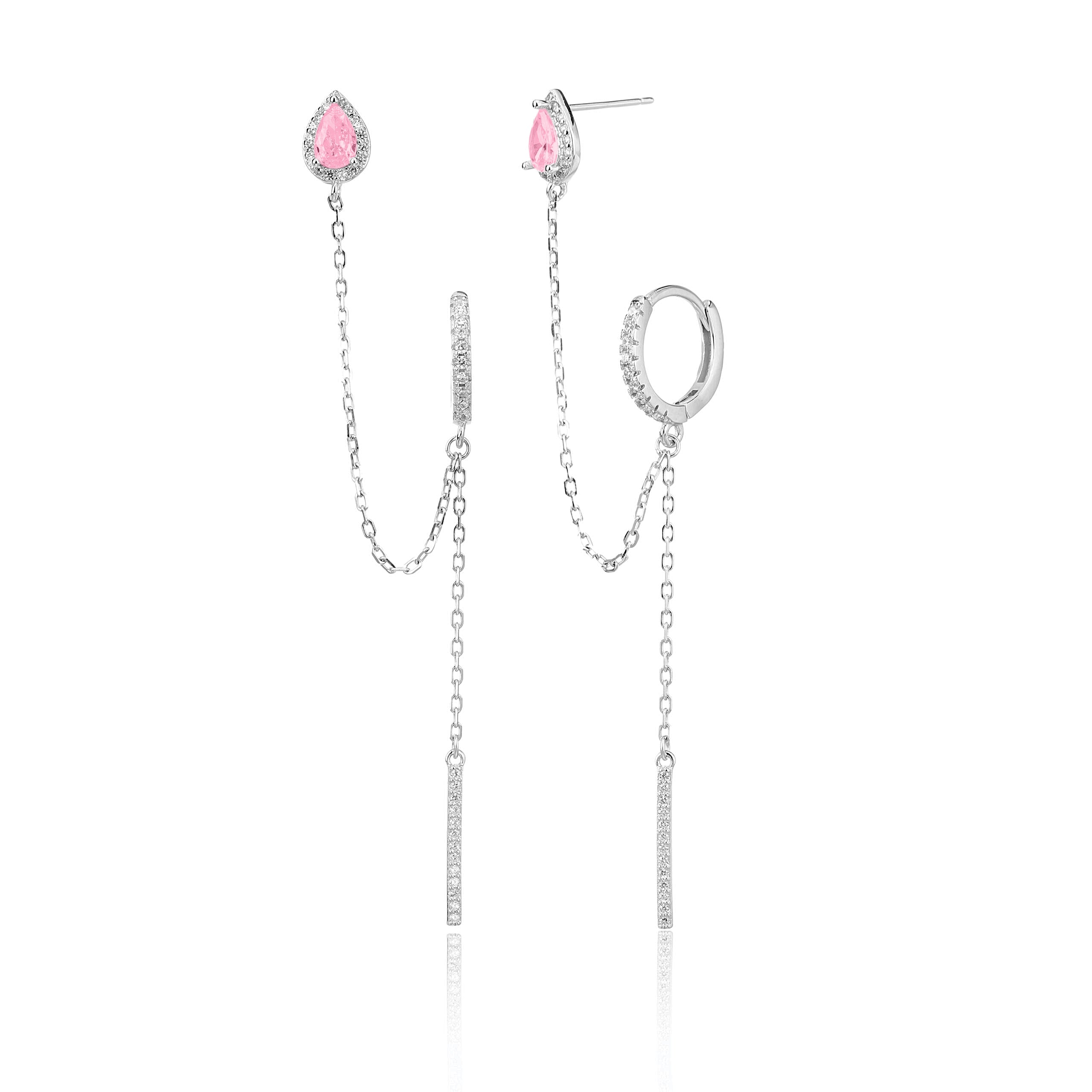 עגילי שני חורים מכסף טהור עם אבן זירקון צבעונית בחיתוך טיפה