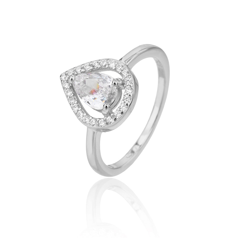 טבעת כסף בעיצוב טיפה עם אבן מרכזית והילה תואמת