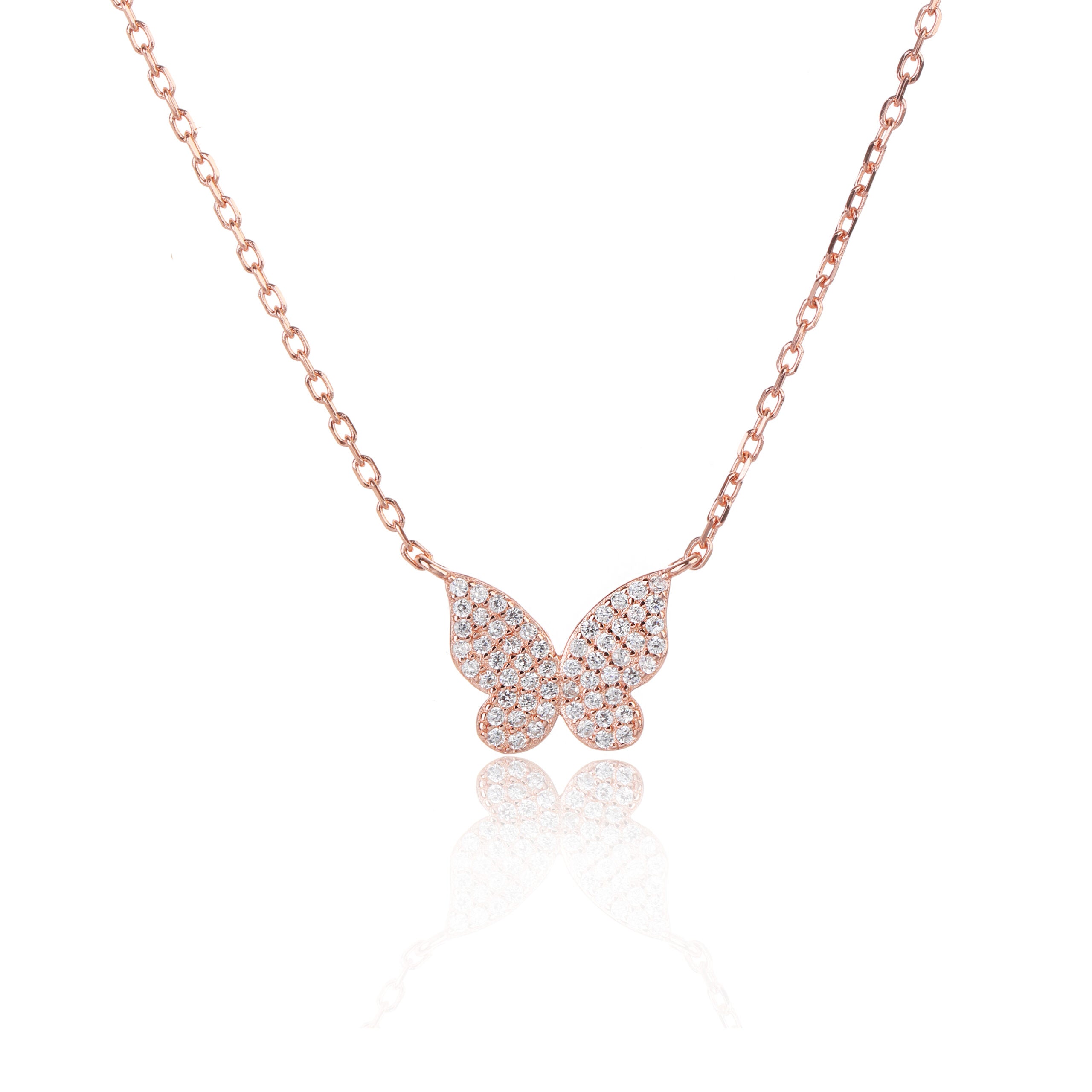 שרשרת פרפר מכסף בציפוי רוז גולד ובשיבוץ זירקונים