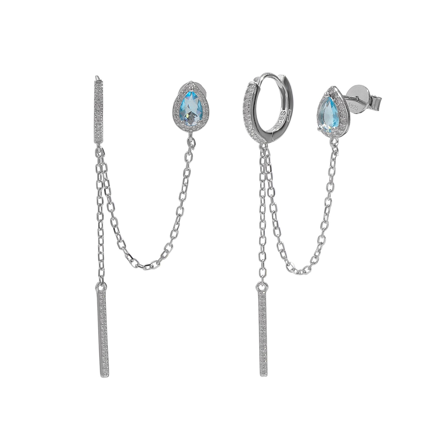 עגילי שני חורים מכסף טהור עם אבן זירקון צבעונית בחיתוך טיפה