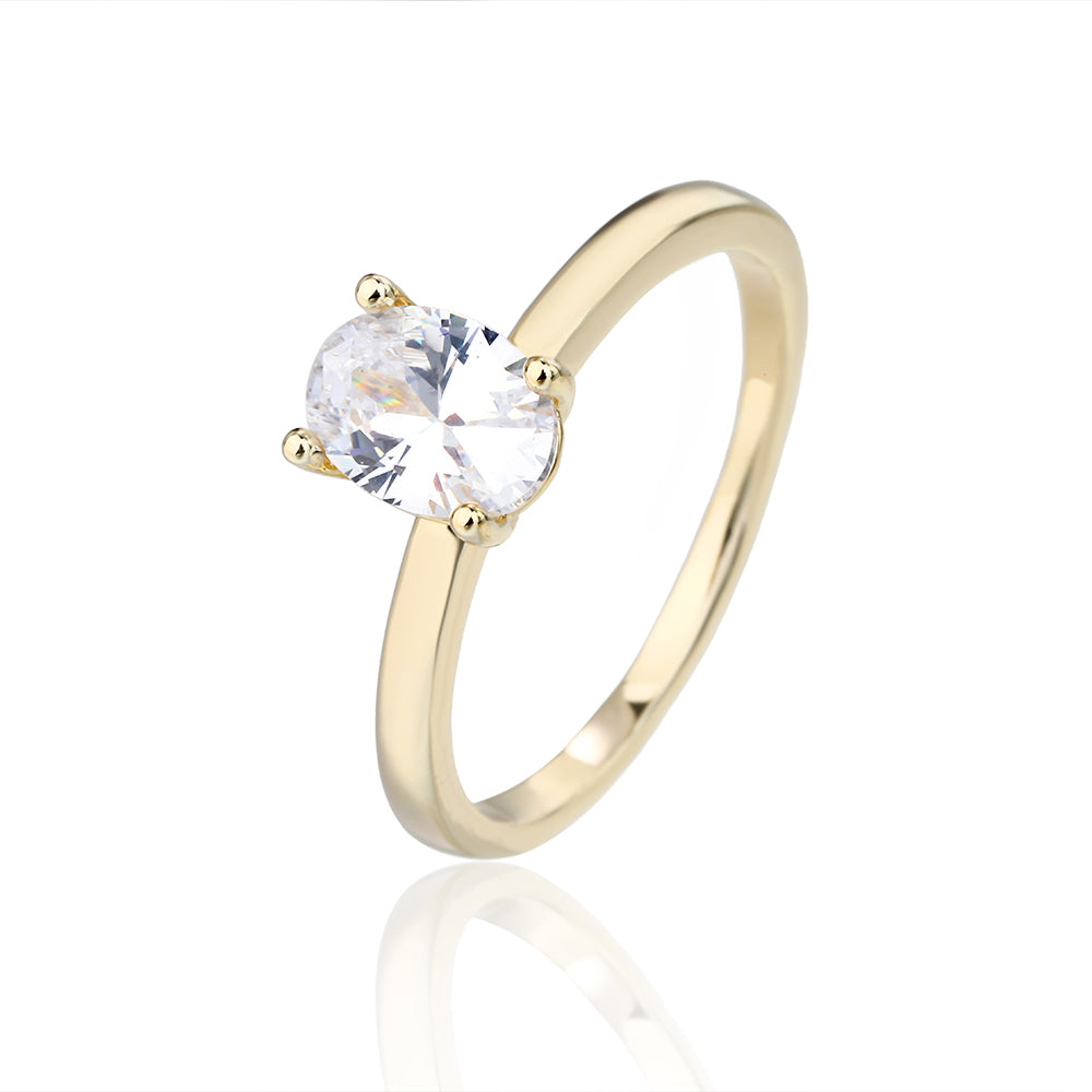 טבעת סוליטר בציפוי זהב 14 קראט עם אבן מרכזית בחיתוך אובלי