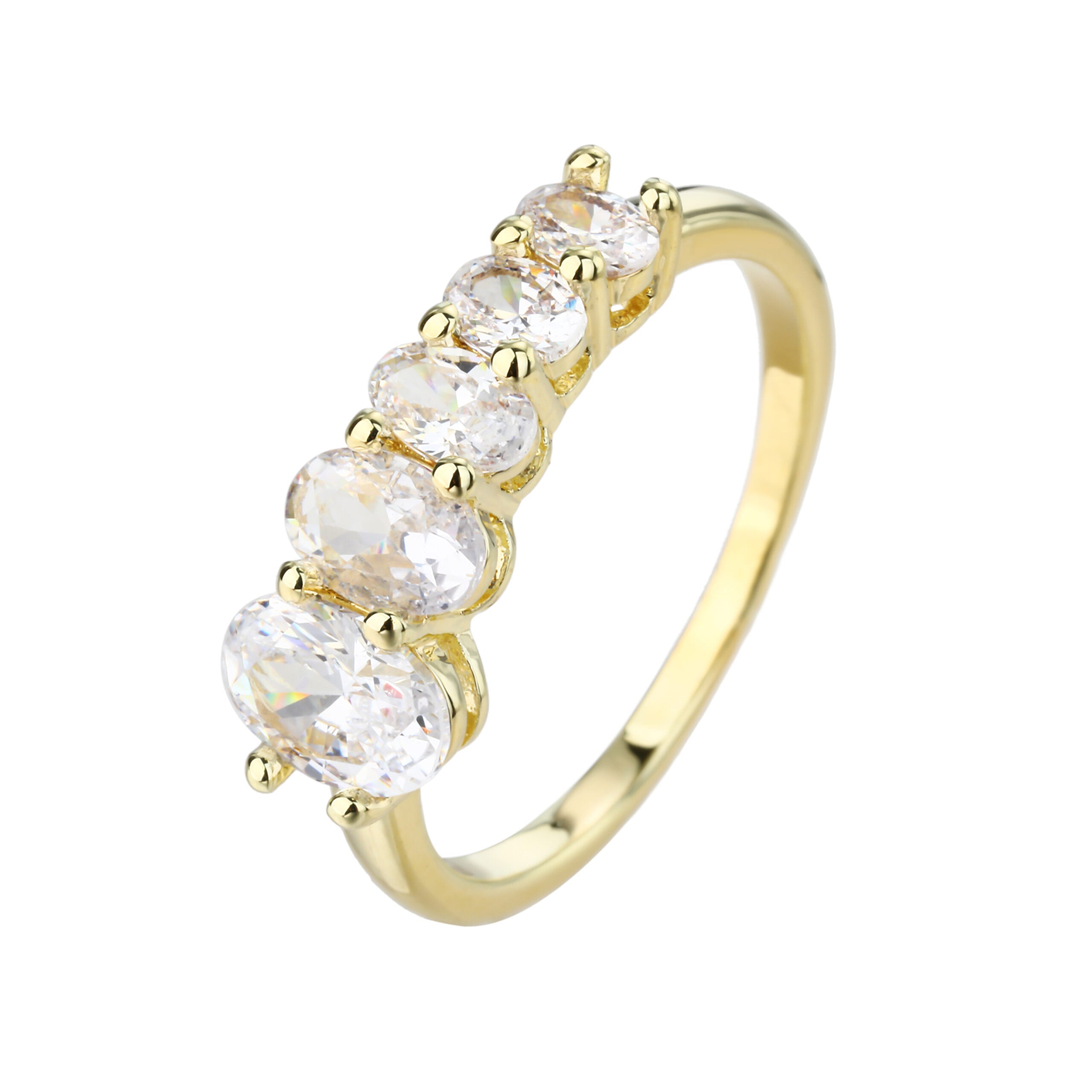 טבעת זהב 14 קראט עם חמש אבני זירקון בסדר עולה