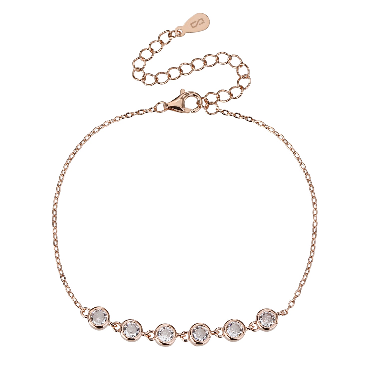 צמיד בציפוי רוז גולד המשובץ בשש אבני זירקון עגולות