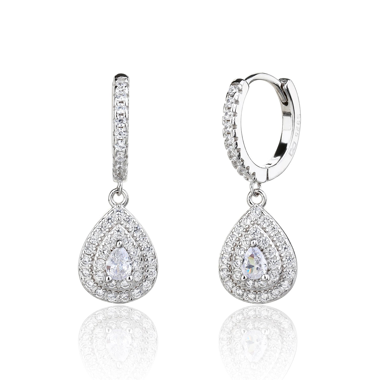 עגילים מכסף בשיבוץ אבני זירקון, בעיצוב טיפה עם מספר הילות