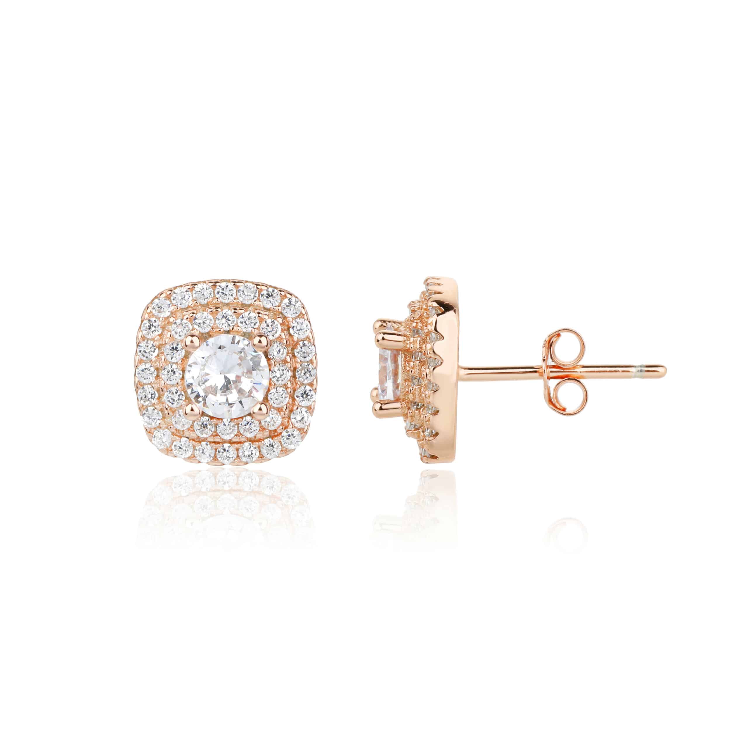 צמד עגילים רוז גולד עם אבן זירקון מרכזית מוקפת בשתי הילות