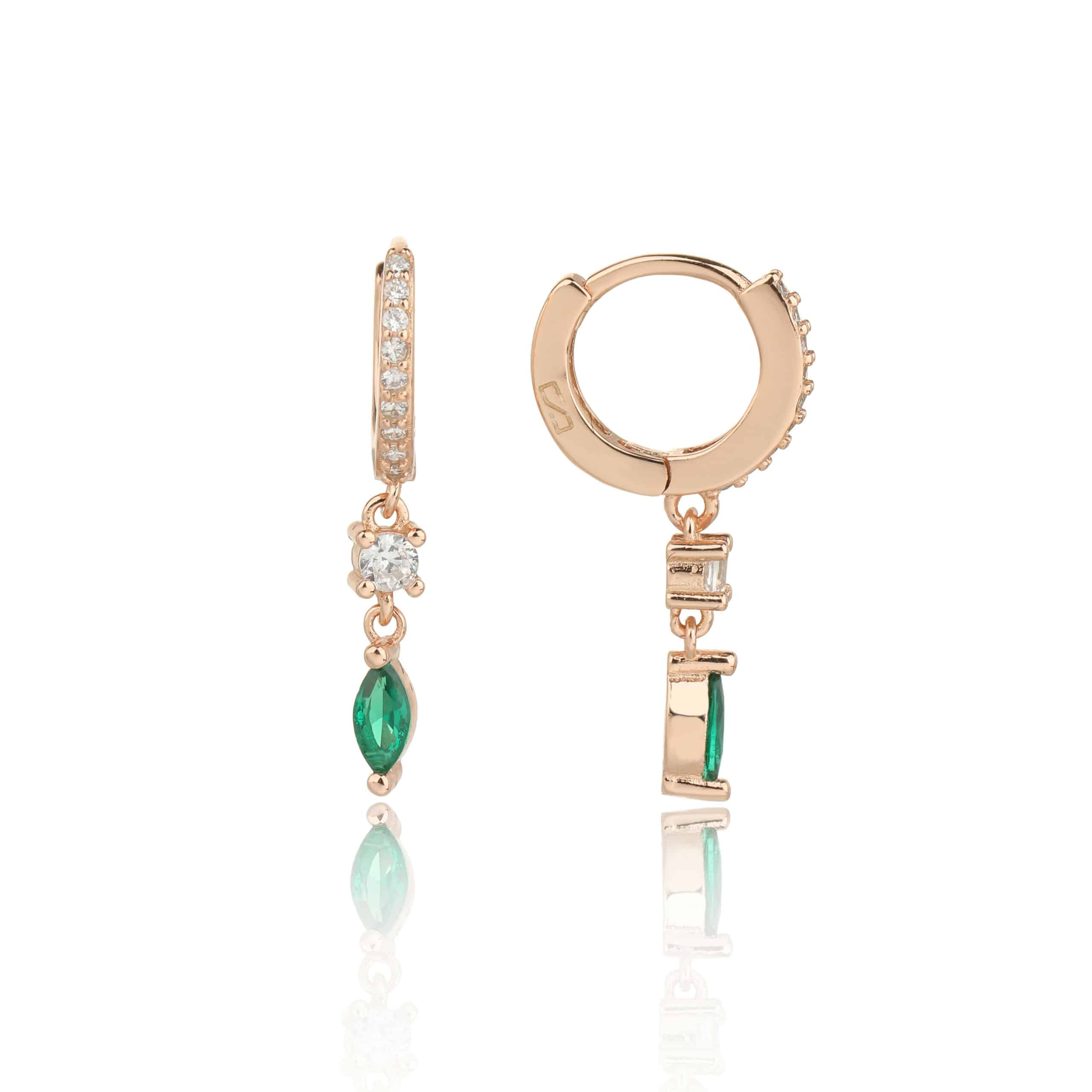 עגילים רוז גולד עם תיליון עגול ותיליון טיפה צבעוני