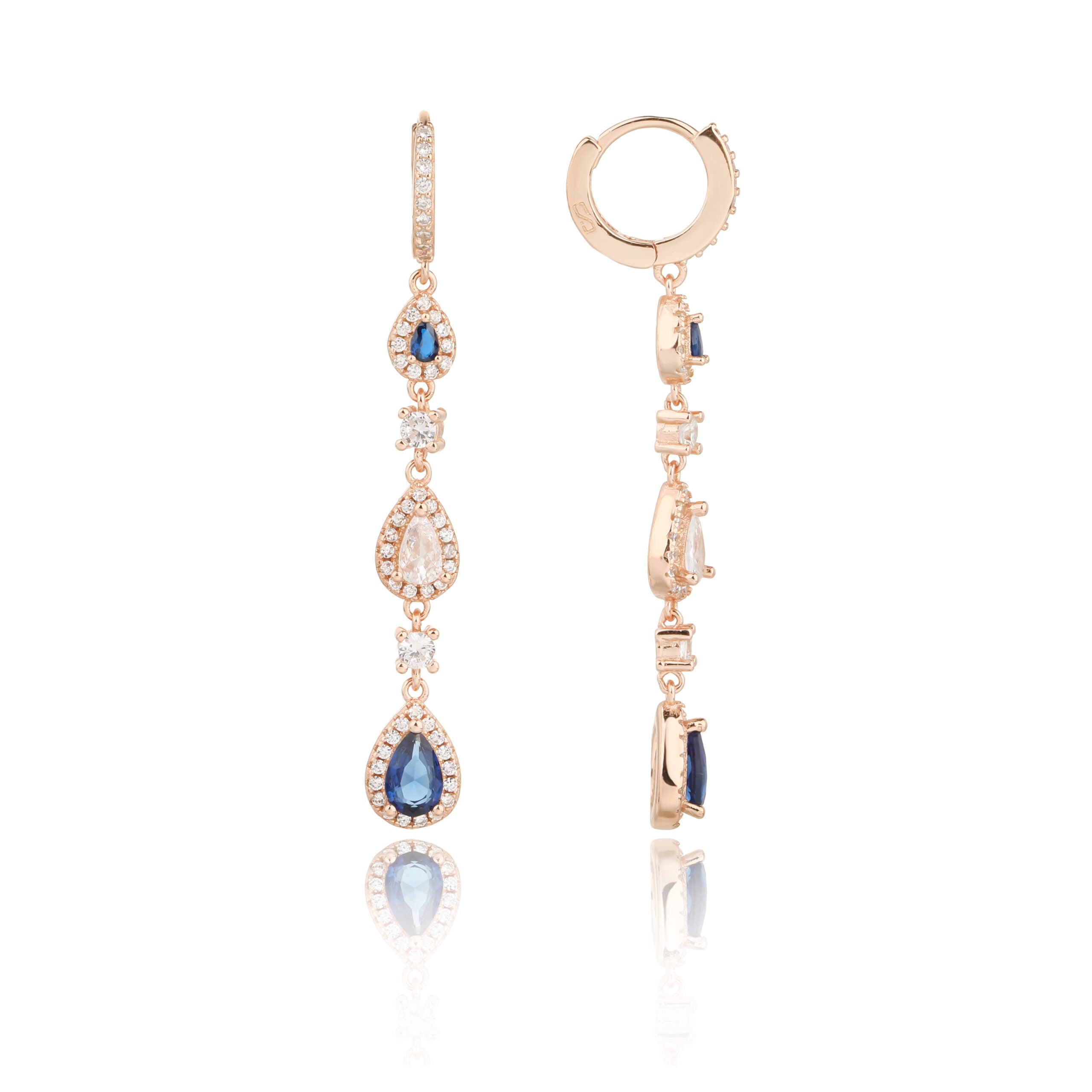 עגילים תלויים רוז גולד עם שלושה תיליונים בצורת טיפה