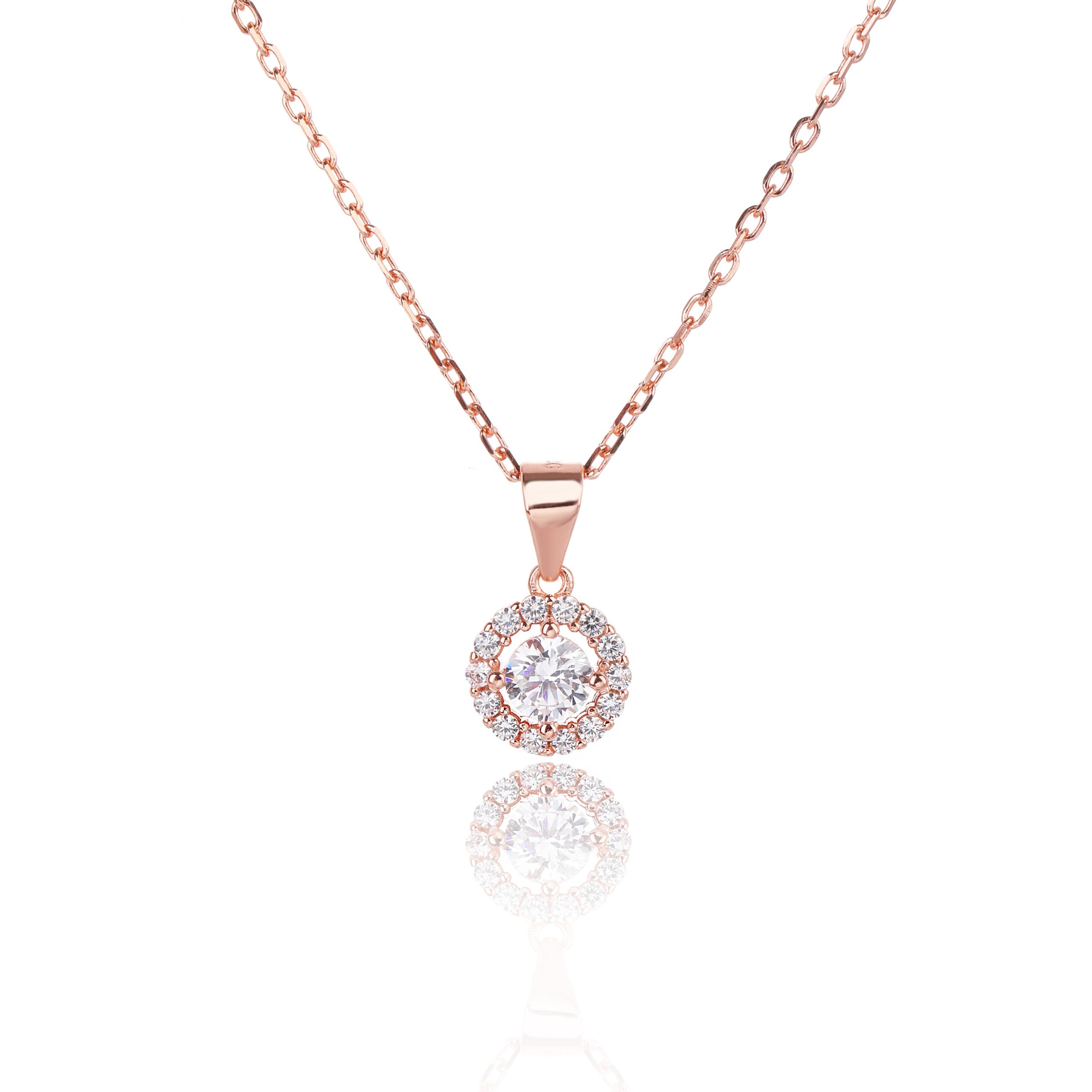 שרשרת רוז גולד עם אבן זרקון עגולה מרחפת מוקפת הילה