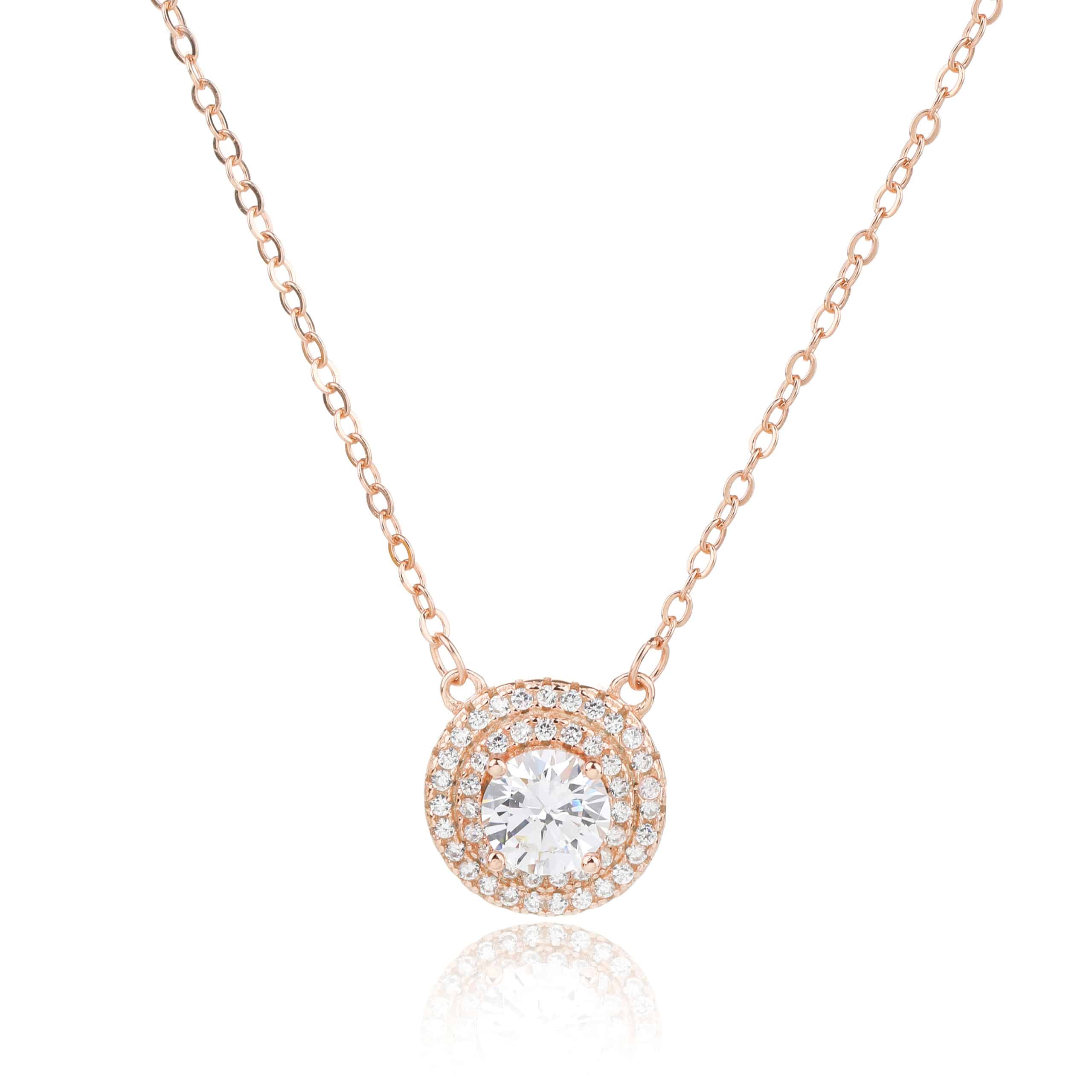 שרשרת רוז גולד עם תיליון זרקון עגול מוקף בהילות