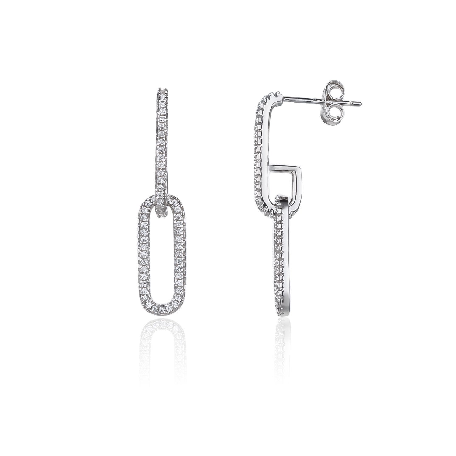 עגילי כסף בעיצוב חוליות ובשיבוץ זירקונים