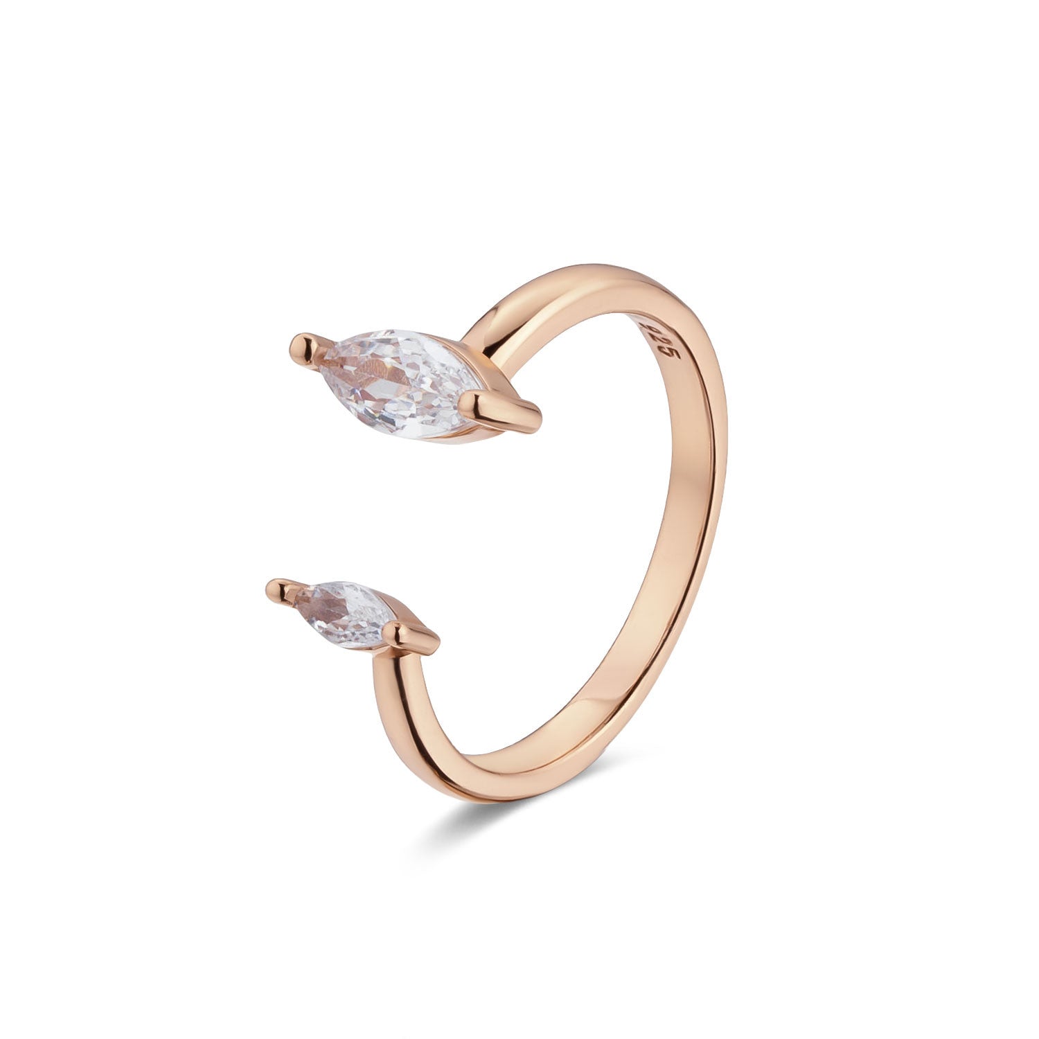 טבעת רוז גולד פתוחה משובצת שתי אבני זירקון