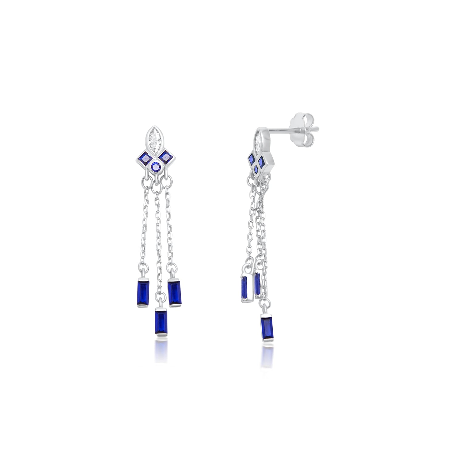 עגילים מכסף עם שלושה תיליוני שמשובצים באבני זירקון צבעוניות