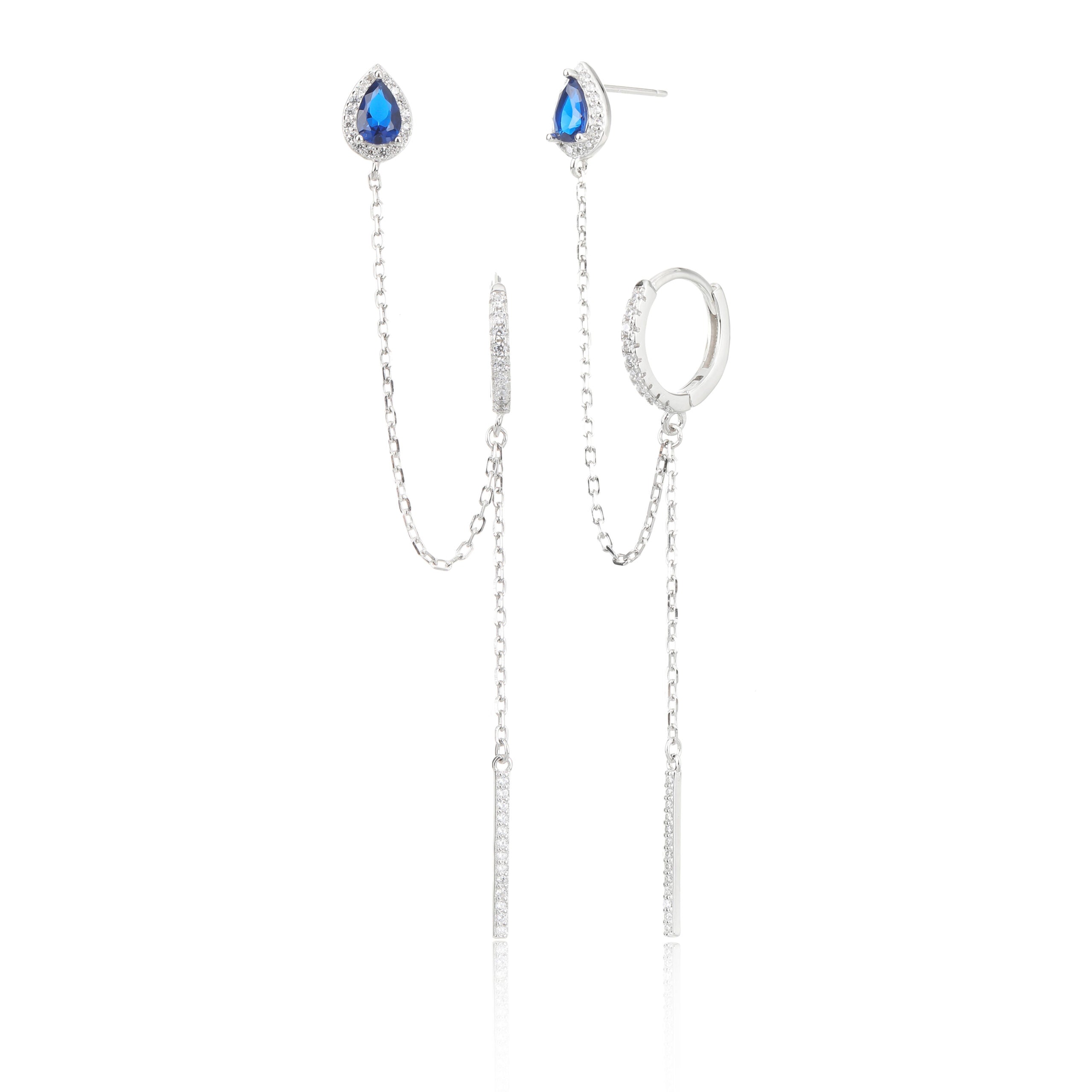 עגילי שני חורים מכסף טהור עם אבן זירקון צבעונית בחיתוך טיפה