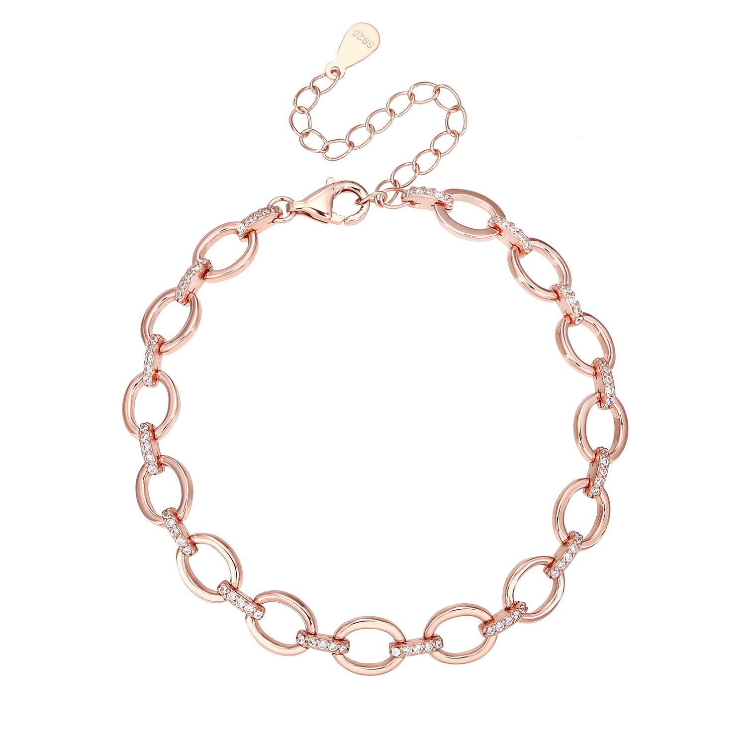 צמיד חוליות עבות מכסף בציפוי רוז גולד המשובץ אבני זירקון