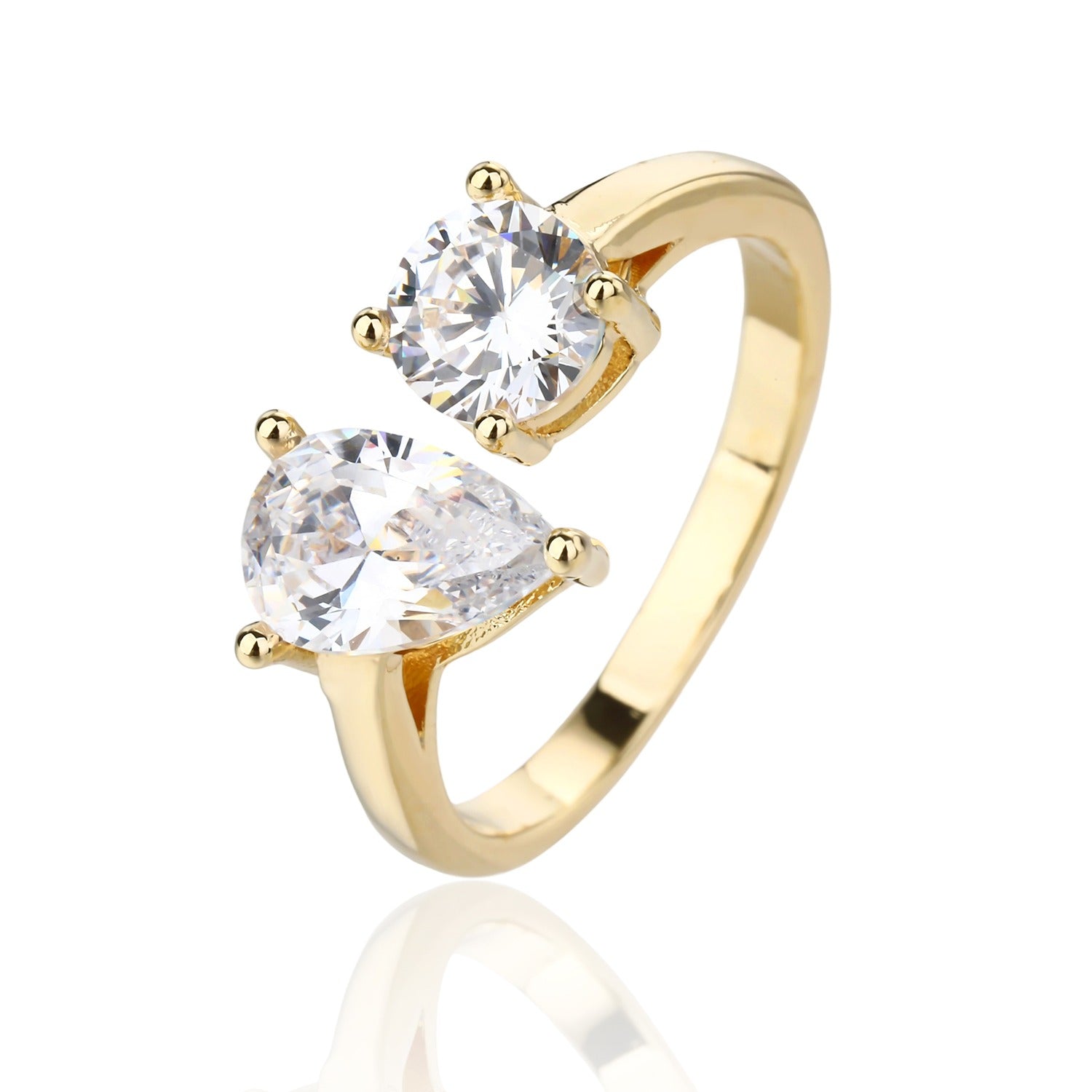 טבעת עם חישוק פתוח ושתי אבני זירקון בצורות שונות