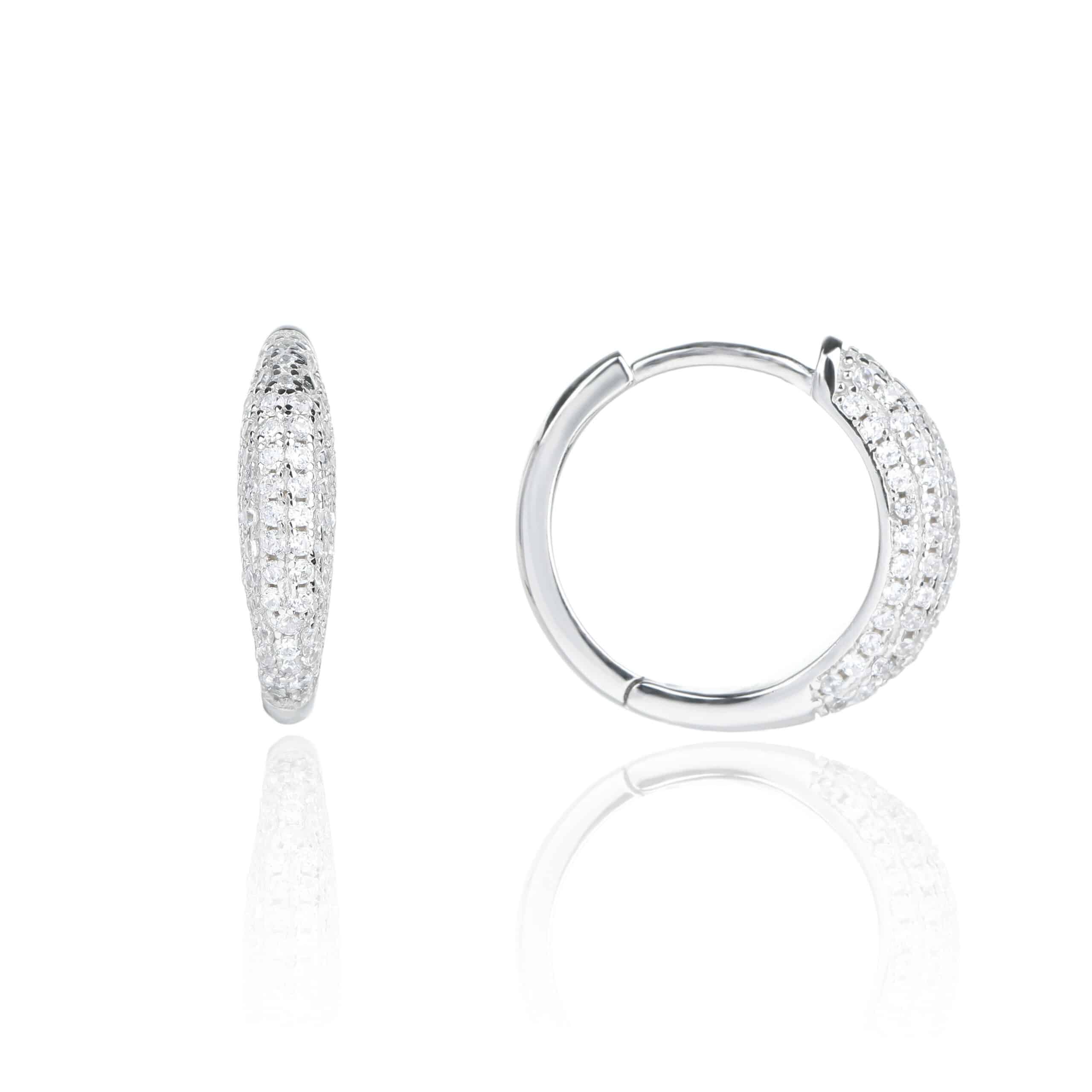 עגילי חישוק מכסף משובצים ברבע עיגול אבני זירקון