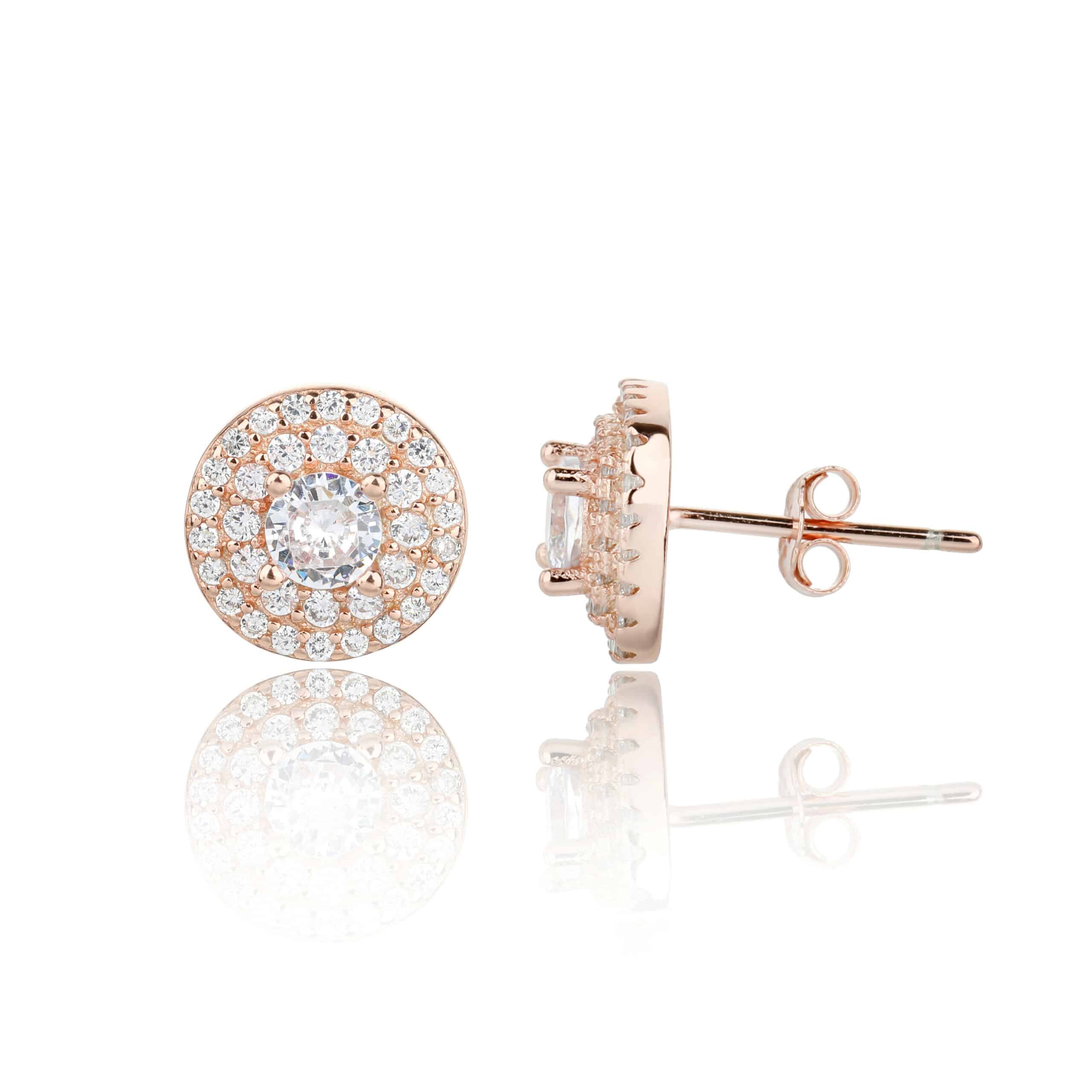 עגילי כסף בציפוי רוז גולד עם אבן זירקון עגולה מוקפת הילה