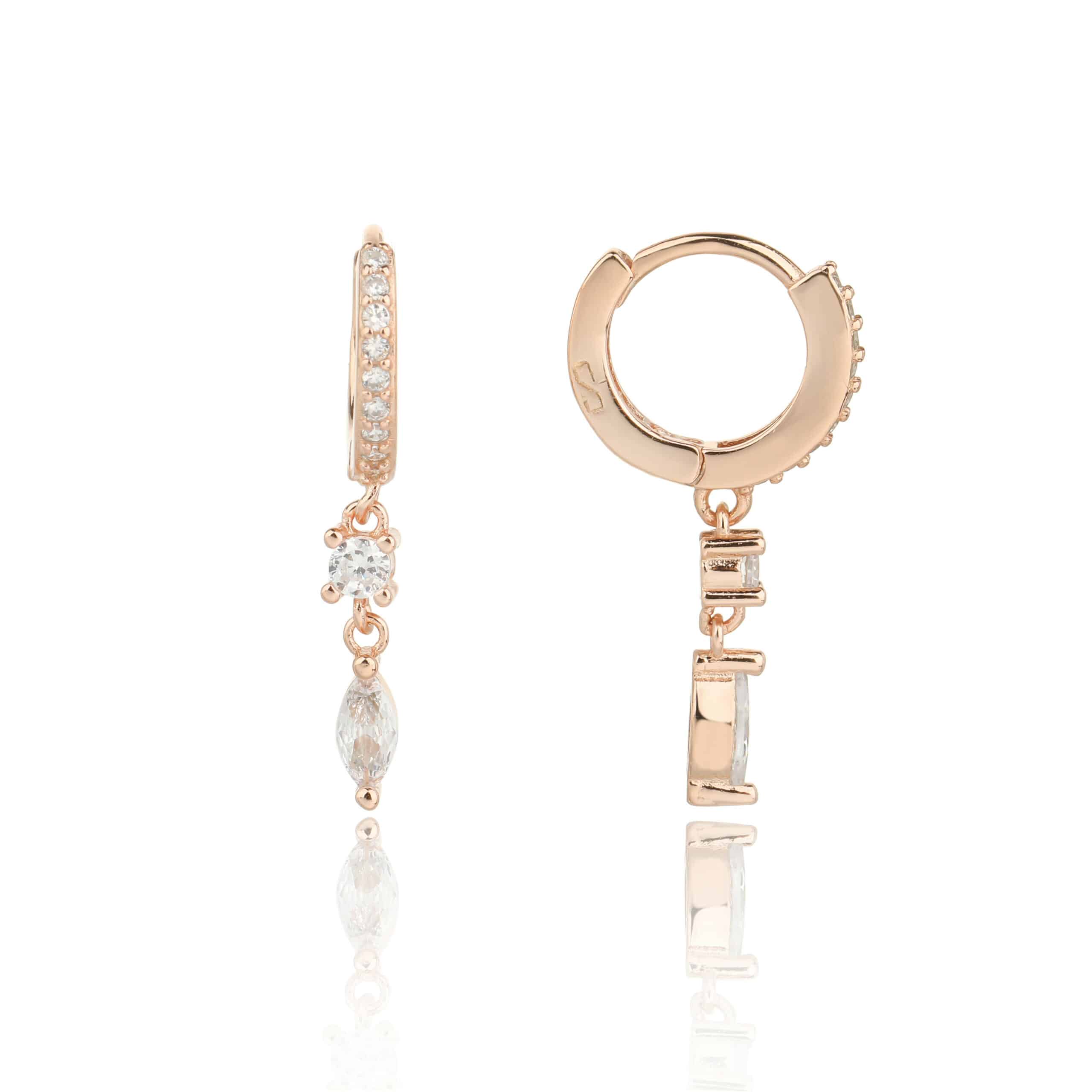 עגילים רוז גולד עם תיליון עגול ותיליון טיפה צבעוני