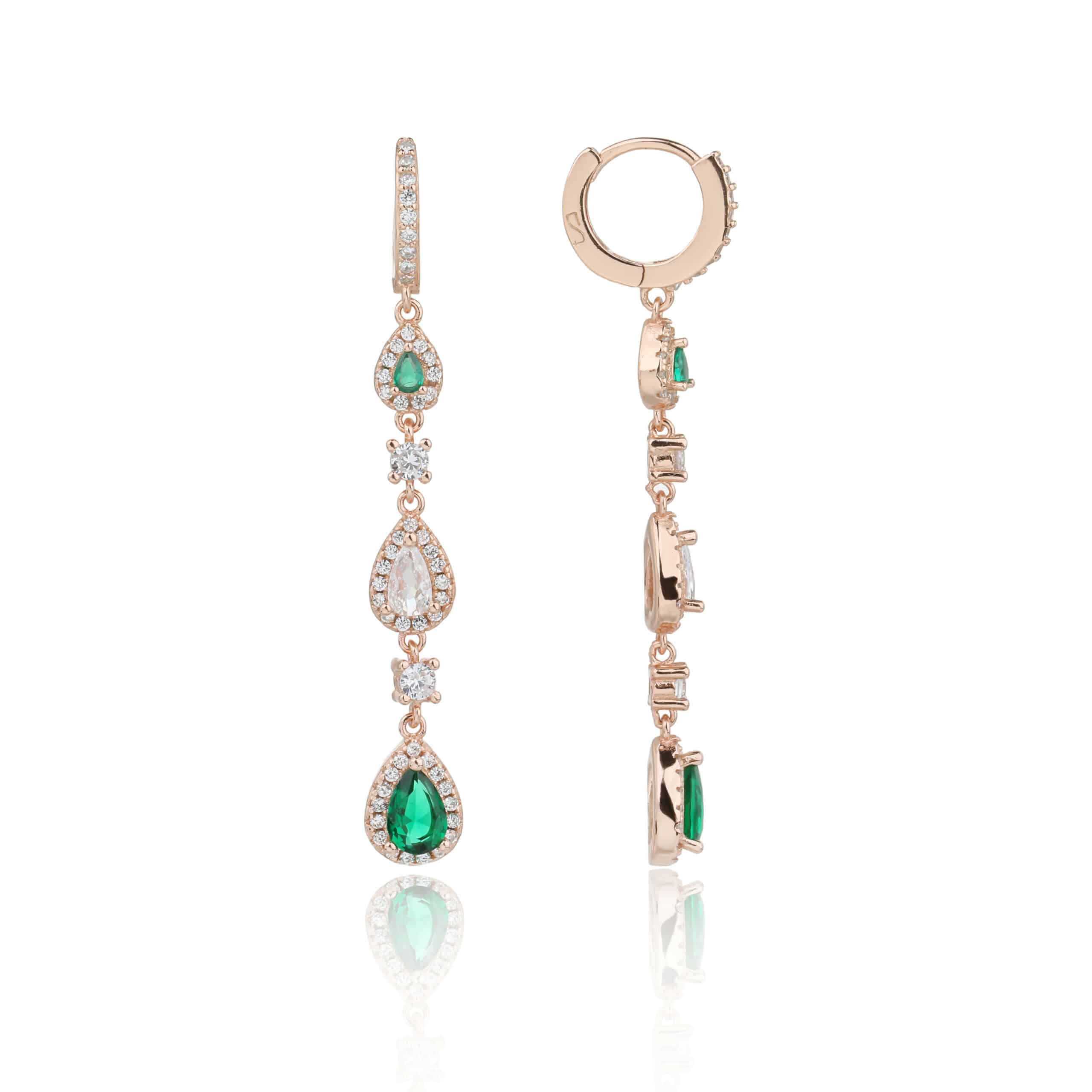 עגילים תלויים רוז גולד עם שלושה תיליונים בצורת טיפה