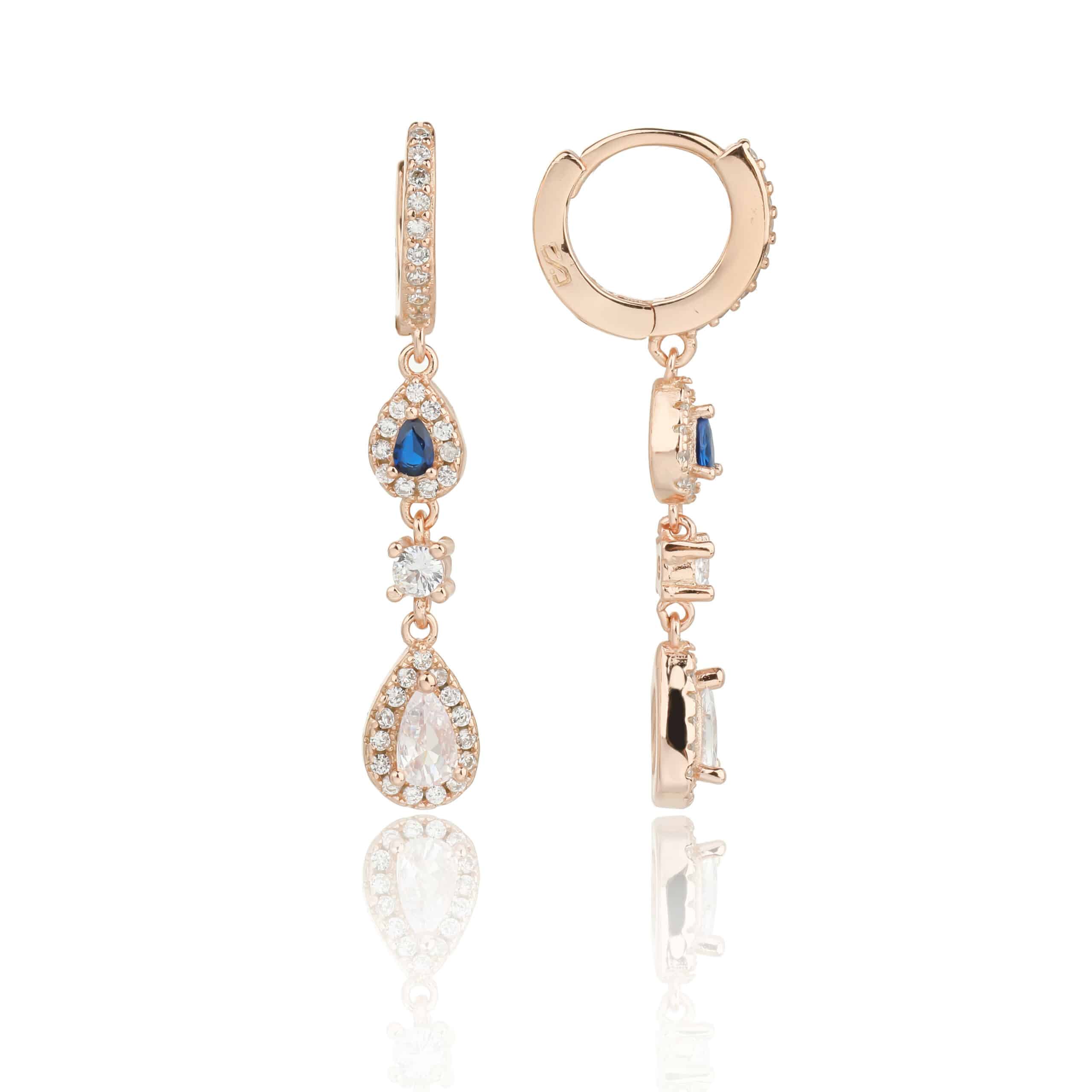 עגילים תלויים עם שני תיליוני טיפה ואבן זירקון צבעונית