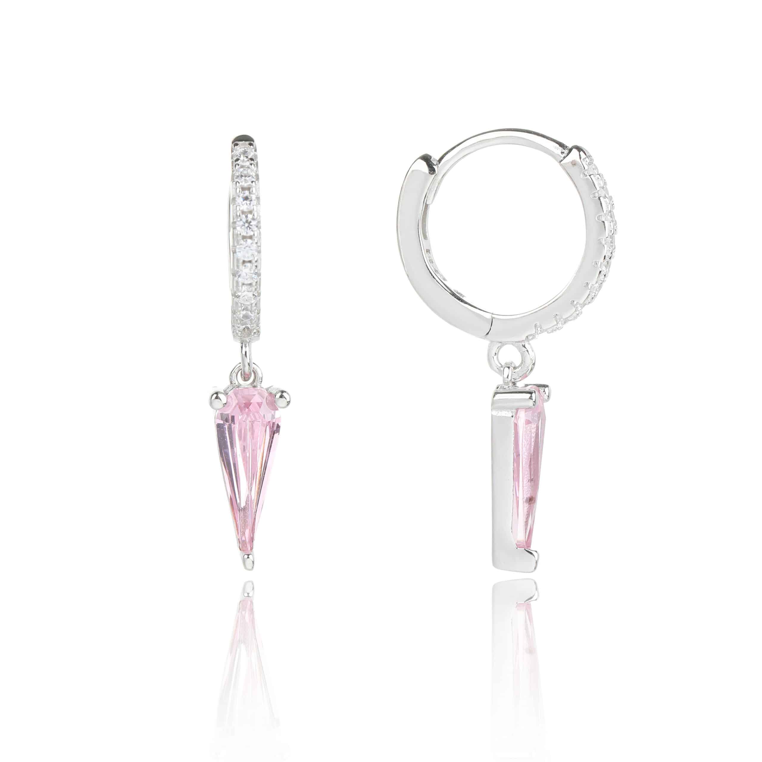 עגילים עדינים מכסף עם אבן זירקון משולש (ורודה או לבנה)