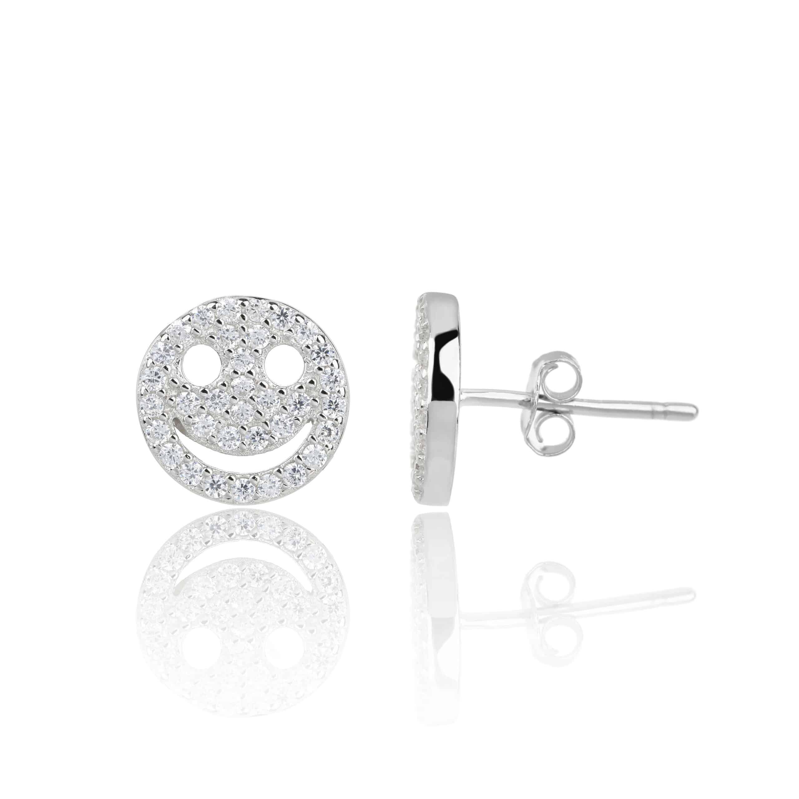 עגיל סמיילי נוצץ מכסף טהור בשיבוץ אבני זירקון