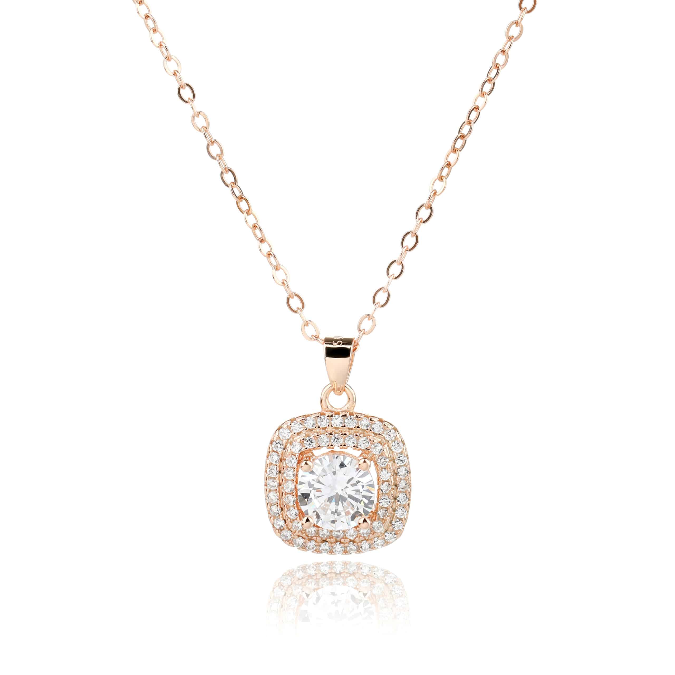 שרשרת רוז גולד מהממת עם אבן זרקון מרכזית המוקפת בשתי הילות